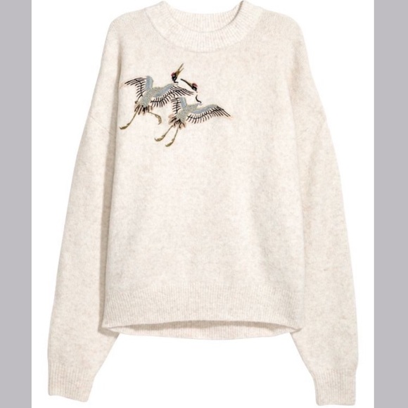H&M Sweaters - H&M Beige Fine Knit Sweater with Embroidered Birds